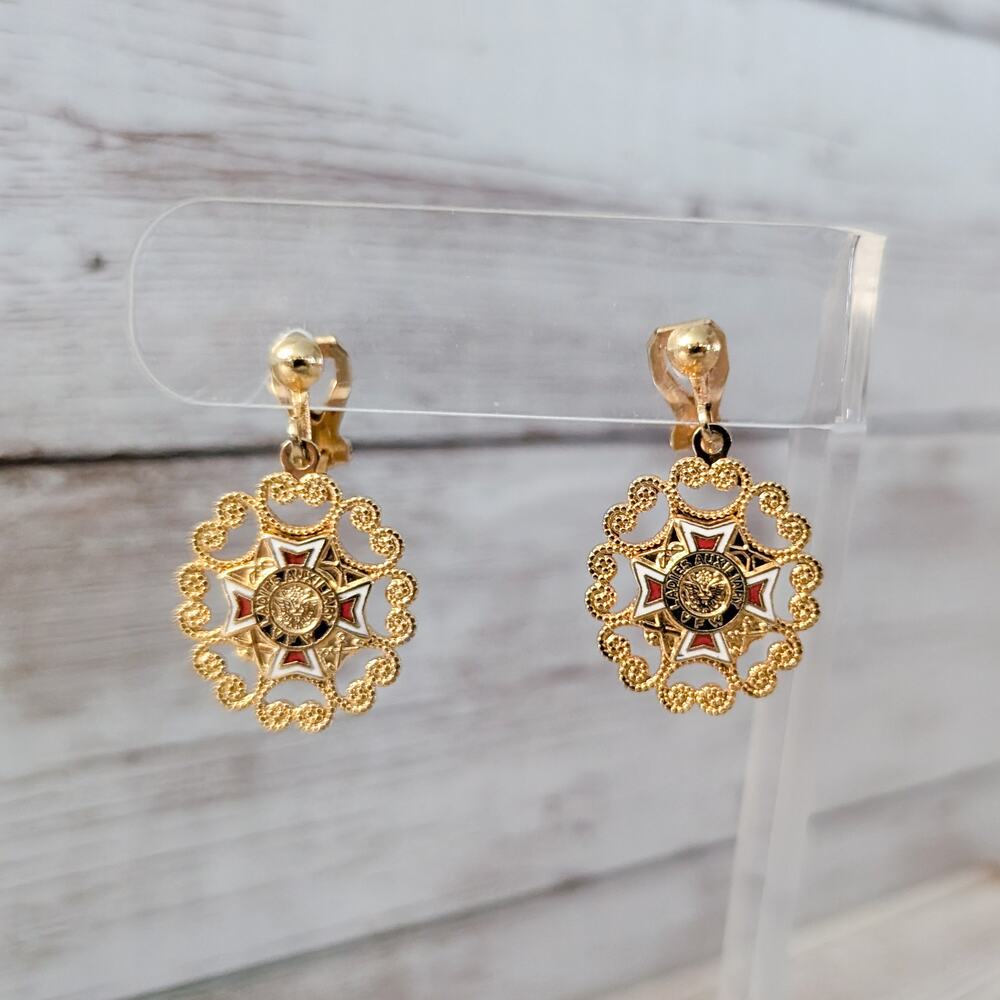 Vintage Clip On Earrings Gold Tone Dangle VFW Ladies Auxiliary